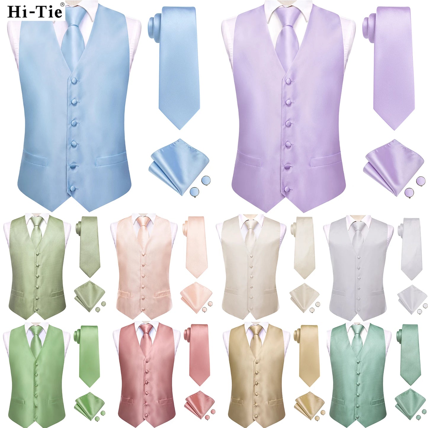 Men Suit Vest Hi-Tie Solid Voilet Lilac Silk 4PC Woven Waistcoat Tie Pocket Square Cufflink Business Wedding Dress Waist Jacket