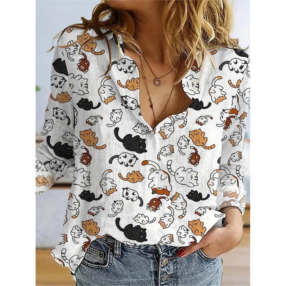 Spring Women's Long Sleeve Shirts Fashion Christmas Cartoon Print Single Breasted Shirts Popular Women's Casual Basic Tops