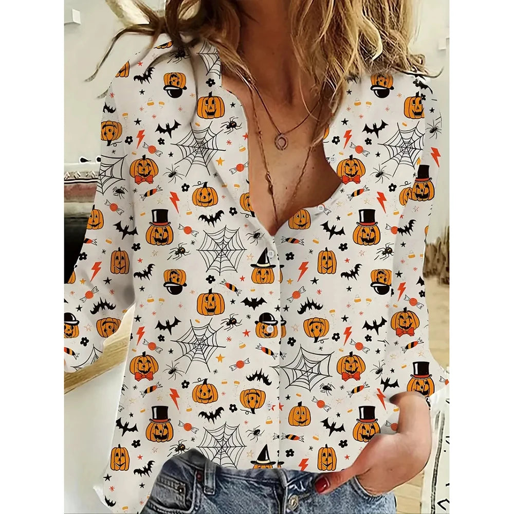 Spring Women's Long Sleeve Shirts Fashion Christmas Cartoon Print Single Breasted Shirts Popular Women's Casual Basic Tops