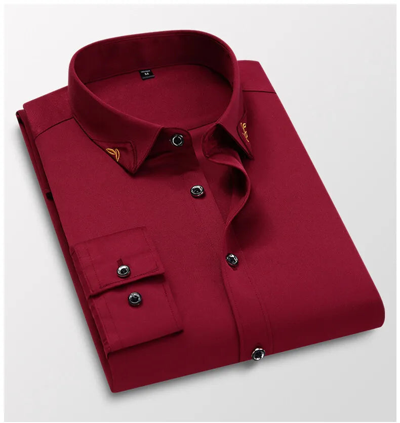 Men's Shirt  Long-sleeved Lite Embroidered Business Shirt Classic Slim Formal Male Brand Dress