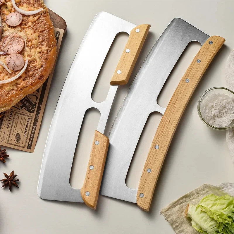 14-inch stainless steel pizza cutter with wooden handles and rocker blade, shown with a protective cover and pizza on a wooden board.