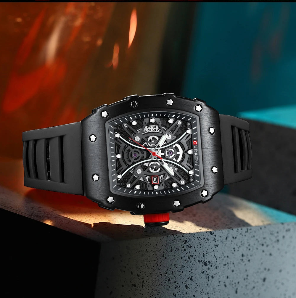 Men Quartz Watches CURREN 3D Stainless Steel Watches Waterproof Silicone Strap Wristwatch
