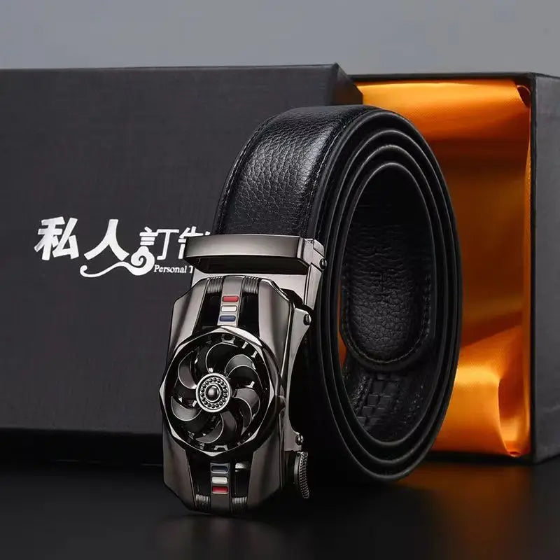 Men Genuine Leather Belt Metal Rotatable Buckle Adjustable Leather Belt