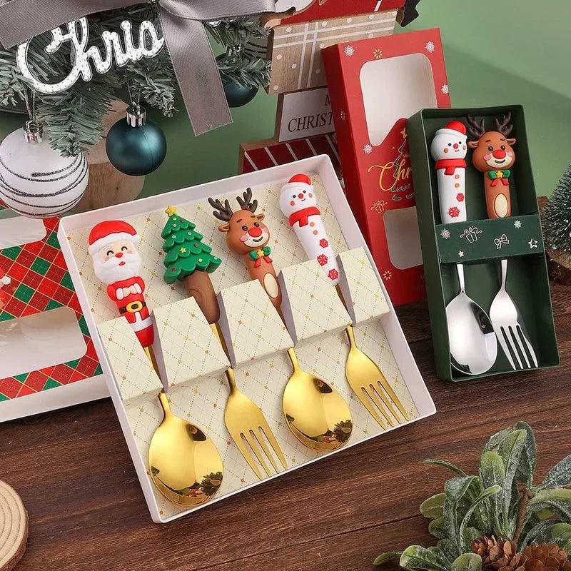 4-piece Christmas cutlery set with Santa, tree, and reindeer design, featuring stainless steel dessert spoon and fork, creative cartoon doll handles, ideal as coffee or fruit gift spoons.