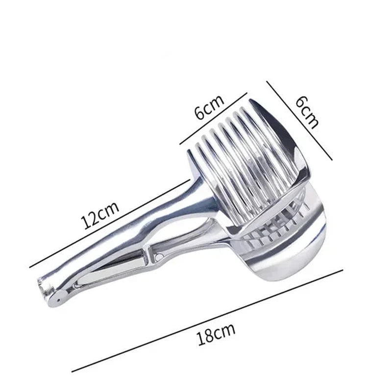 Stainless steel handheld slicer tool for cutting oranges, lemons, and tomatoes with dimensions marked.