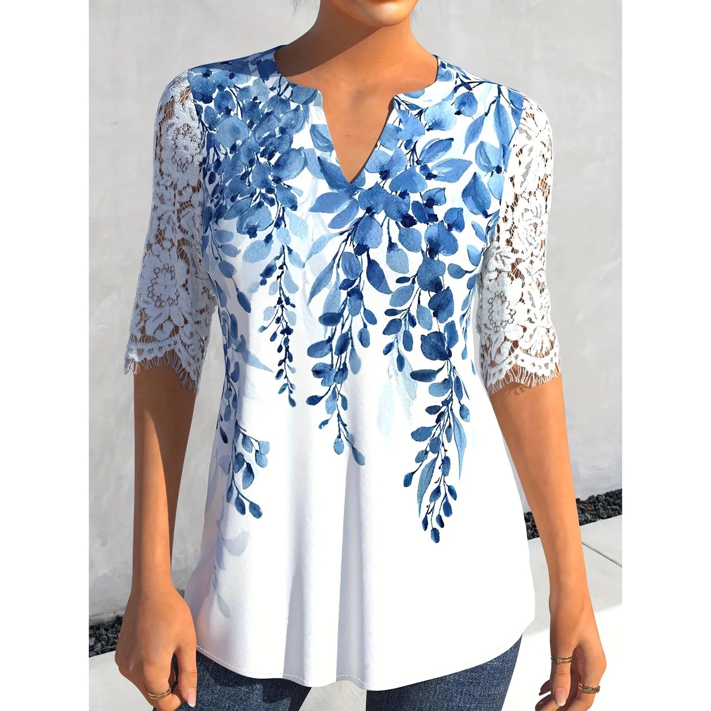 Women Tops, Women Blouse, Women Shirt, Floral Printed Casual V Neck Lace Half Sleeve Ladies Elegant Summer Top