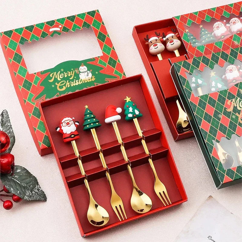 Christmas Gift Set of 2 or 4 or 6 Pieces Gold Spoon Fork Tree Decoration Fruit Fork and Coffee Spoon elk designs