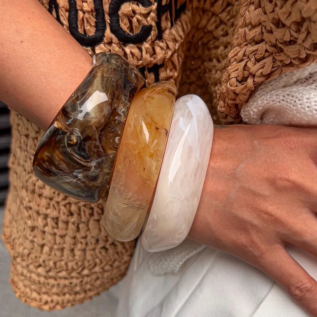 KMVEXO Vintage Chunky Coffee Thick Resin Acrylic Smudging Bangles Geometric Irregular Bangle Bracelets