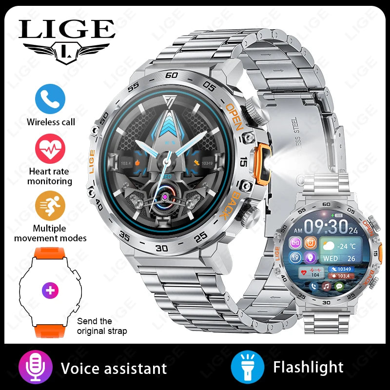 LIGE 2025 Smart Watch Men 360*360 AMOLED HD Screen Waterproof Sport Fitness Watches Flashlight