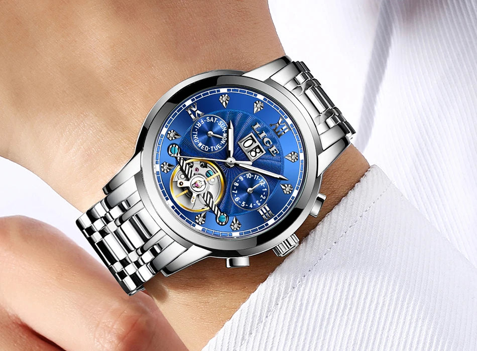 LIGE 2024 Top Brand Luxury Tourbillon Watch Men Fashion Sport Men's Mechanical Wristwatches Casual Waterproof Automatic Watch