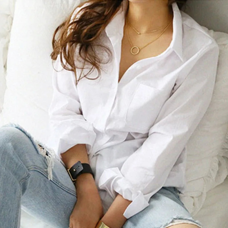 Women Top Cotton Blouse Casual, Cotton White Shirt Women Long Sleeve Button Up Loose