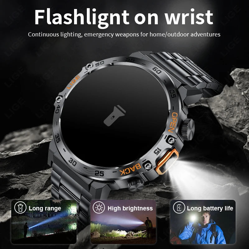 LIGE 2025 Smart Watch Men 360*360 AMOLED HD Screen Waterproof Sport Fitness Watches Flashlight