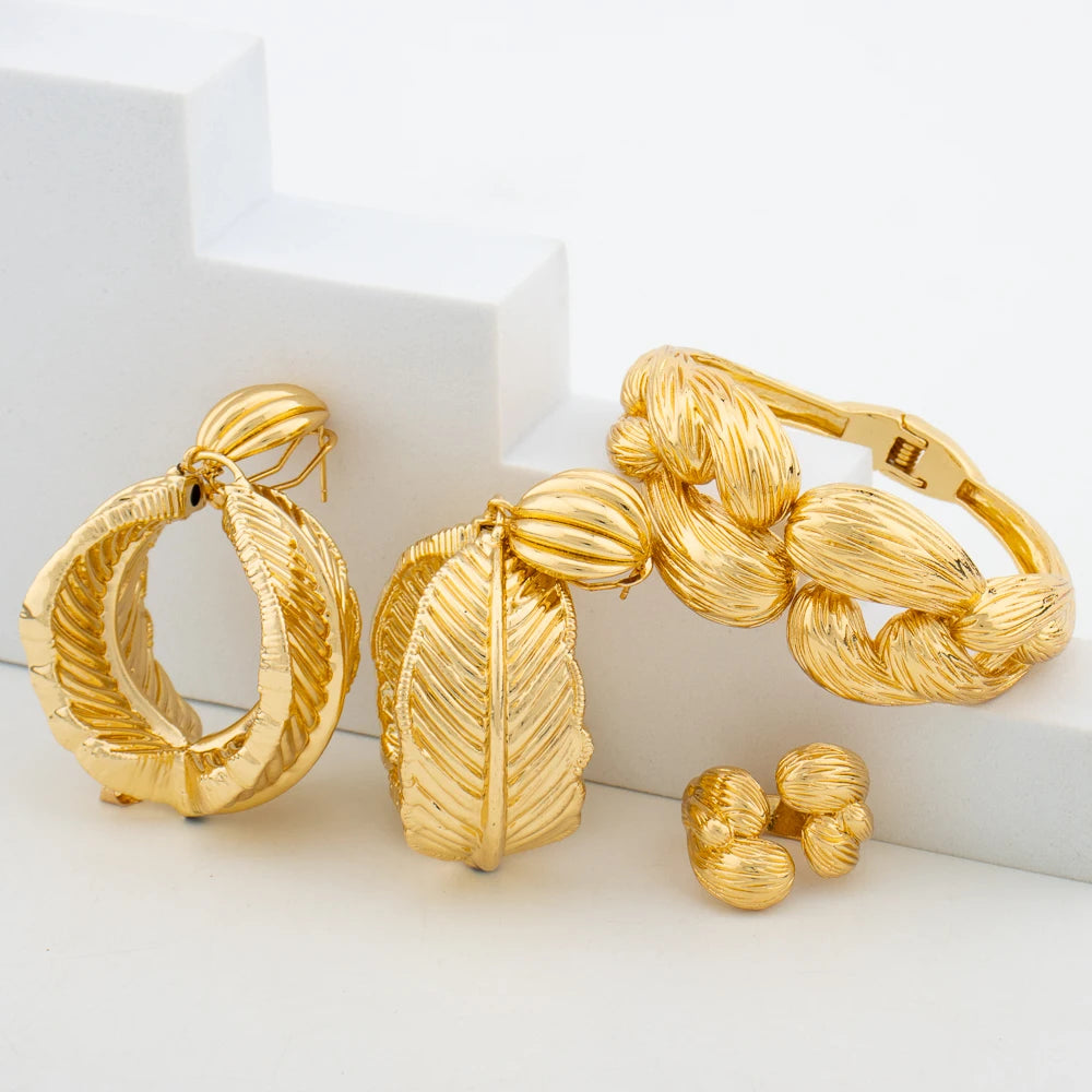 Golden Plated Dangle Earring and Bangle Ring Jewelry Set Bride Jewelry Set