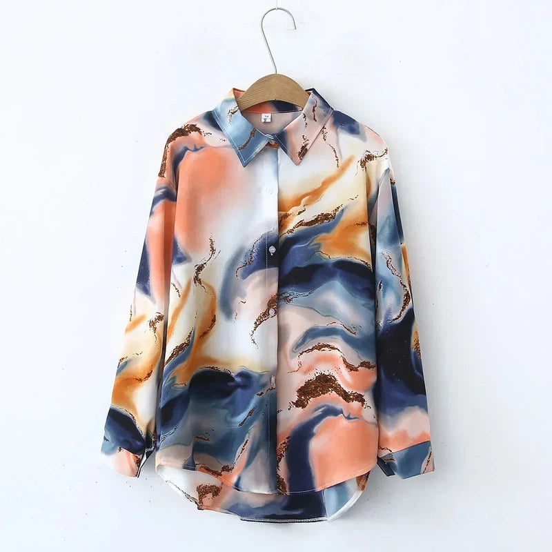 Blouse with abstract print, casual summer streetwear, polyester broadcloth, full sleeves, women's vintage Y2K top.