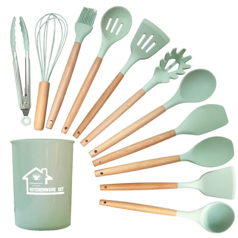 12-piece silicone non-stick kitchen utensils set with wooden handles, featuring spatulas and egg beaters, eco-friendly kitchenware accessories.