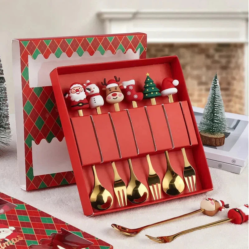 Christmas-themed stainless steel coffee spoon and fork set in festive red and green gift box, ideal for kids.