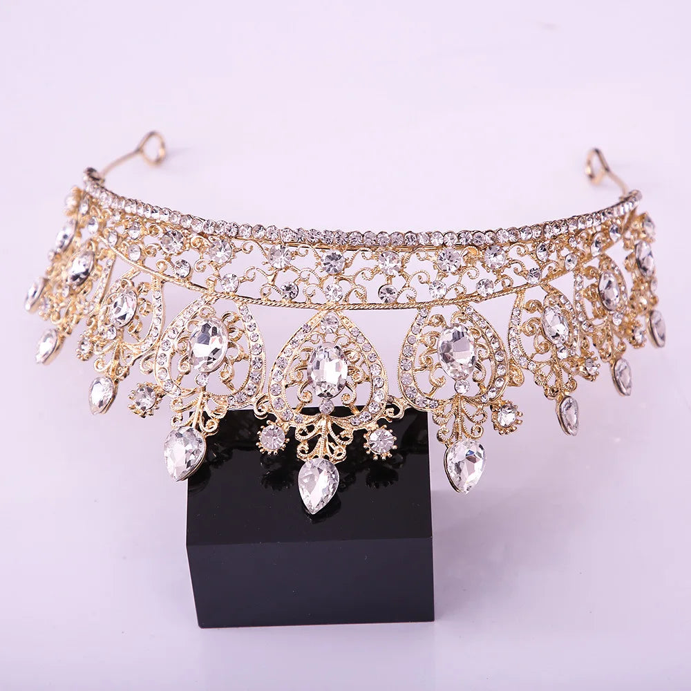 KMVEXO Vintage Baroque Fairy Crowns Bridle Crown Geometric Crystal Elf Tiaras for Women Wedding Costume