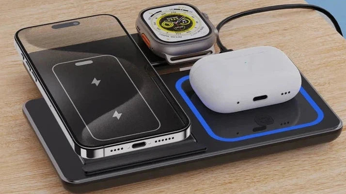 3-in-1 magnetic wireless charger for iPhone 15/14/13/12, Apple Watch 8/7, and AirPods Pro.