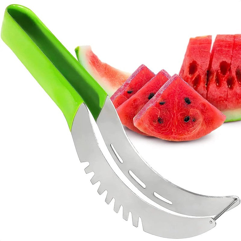 Watermelon slicer with stainless steel blade and green non-slip handle for safe fruit cutting.