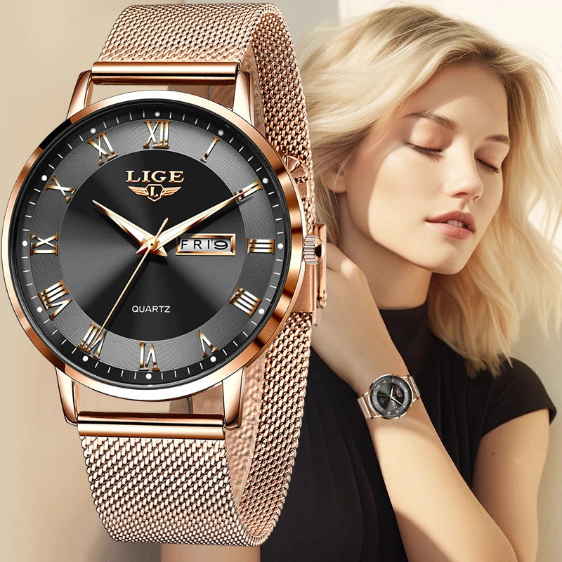 LIGE 2024 New Watch Women Luxury Watches Ladies Creative Steel Women's Bracelet Watches Female Waterproof Clock Relogio Feminino