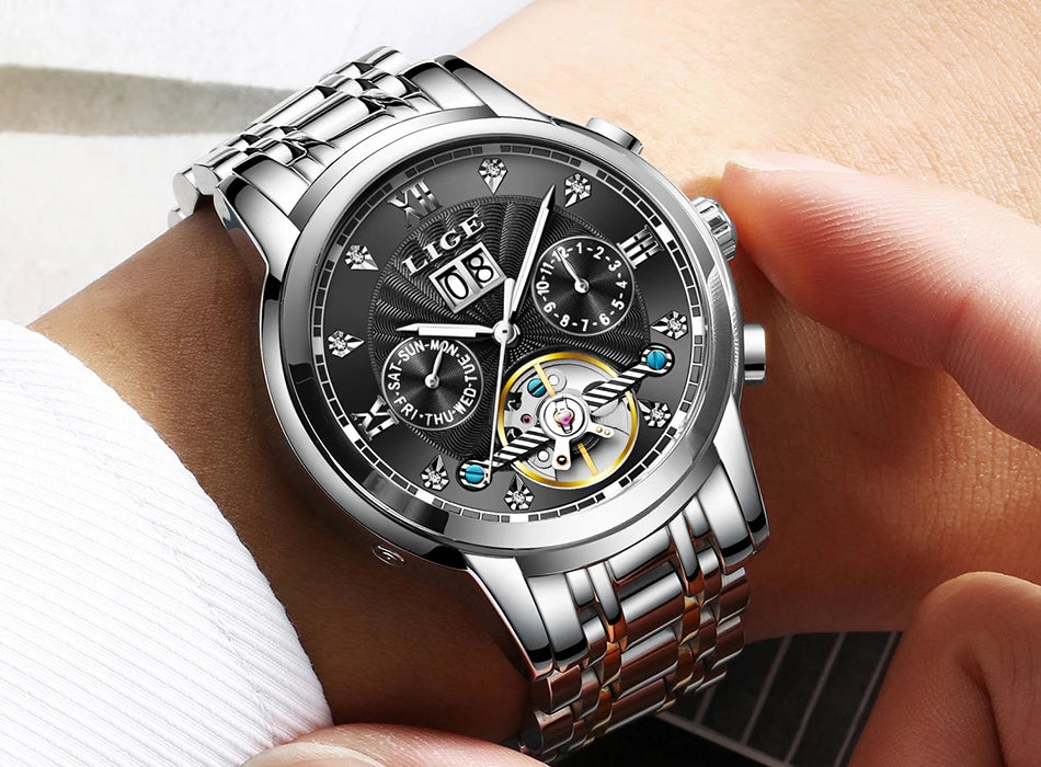 LIGE 2024 Top Brand Luxury Tourbillon Watch Men Fashion Sport Men's Mechanical Wristwatches Casual Waterproof Automatic Watch