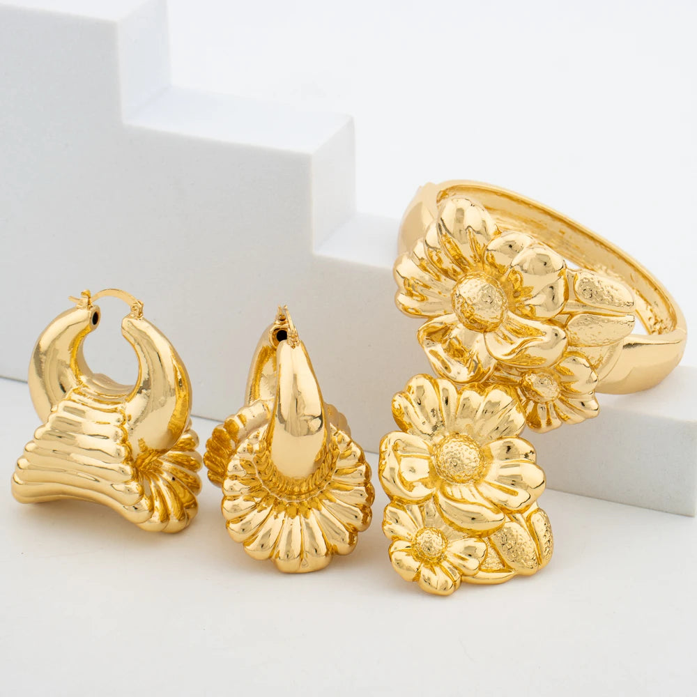 Golden Plated Dangle Earring and Bangle Ring Jewelry Set Bride Jewelry Set