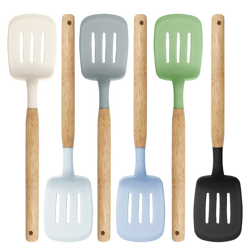 11-piece silicone cooking utensils set with wooden handles in assorted colors.