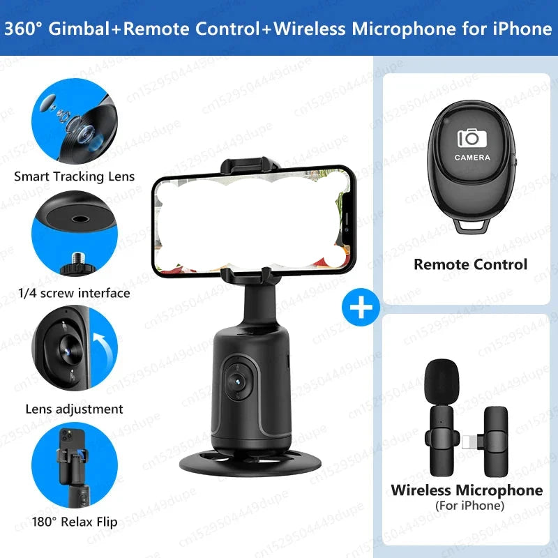 AI Tracking Gimbal with Remote Control and Wireless Microphone for iPhone, 360° Rotation Desktop Handheld Stabilizer, Smart Tracking Lens, Monopod, and Phone Holder.