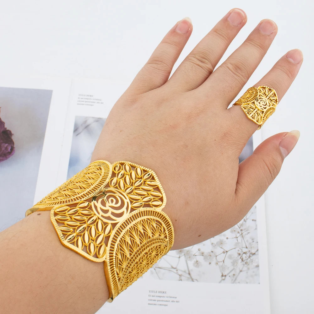 Gold Color Jewelry for Women Exaggerate Bangle Ring Set Cuff Bangle and Finger Ring Gift