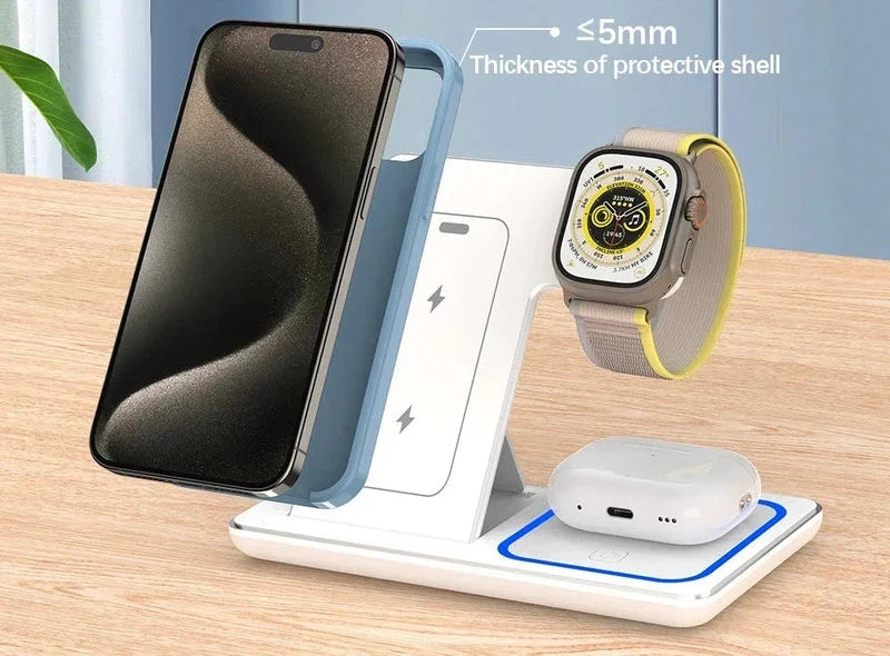 3-in-1 magnetic wireless charger stand for iPhone 15 Pro Max, Apple Watch 8, and AirPods Pro, with fast charging and LED indicator.