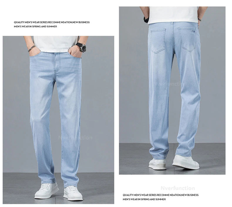 Men's Jean Pant Ultra-thin Light Blue Lyocell Fabric Breathable Loose Straight Business Casual Male Denim Trousers