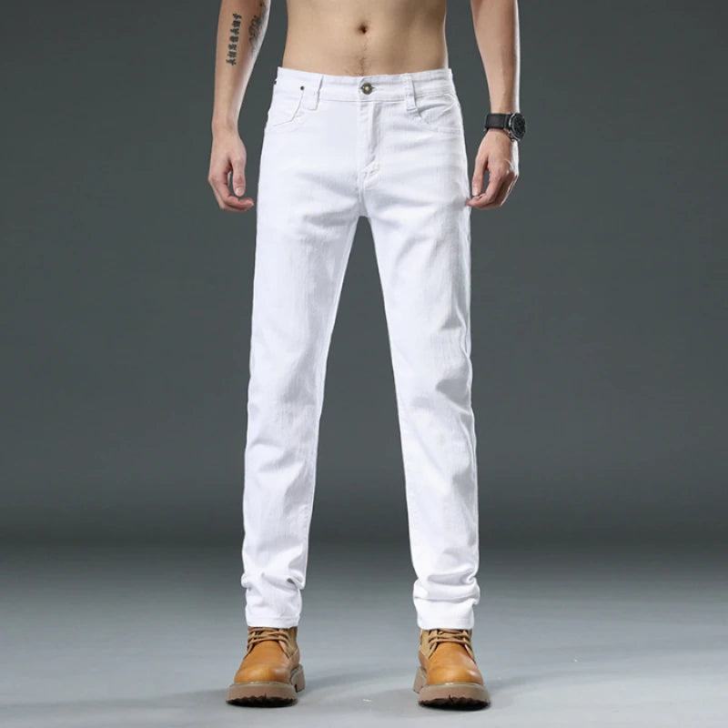 Men's Jean Slim Casual Jeans Pure White Stretch Straight Gentleman's Jeans Long Trousers Classic