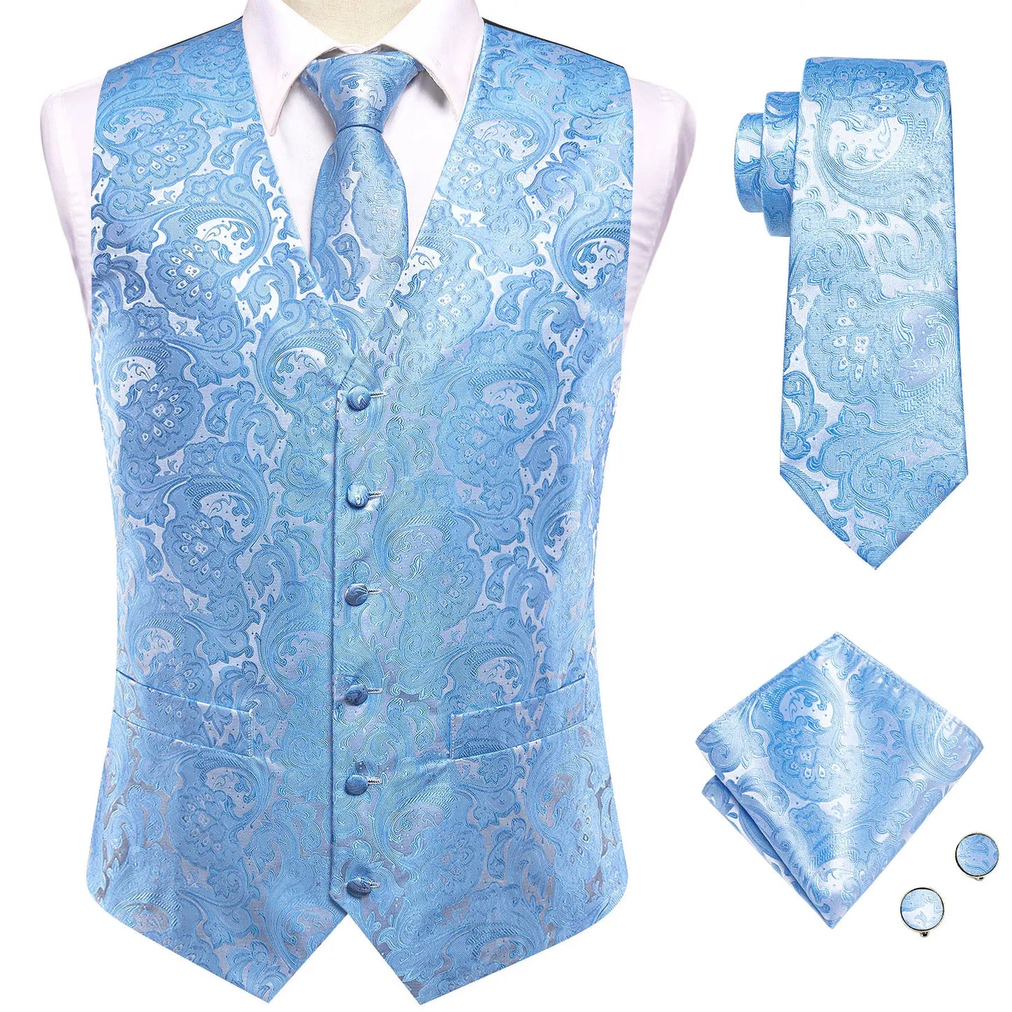 Men Suit Vest Hi-Tie Solid Voilet Lilac Silk 4PC Woven Waistcoat Tie Pocket Square Cufflink Business Wedding Dress Waist Jacket