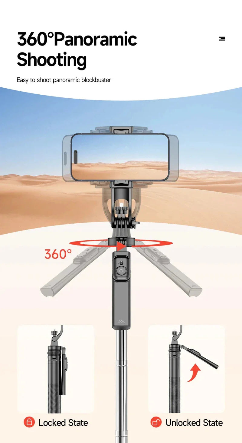 Extendable tripod with phone holder showcasing 360° panoramic shooting capability in a desert setting.