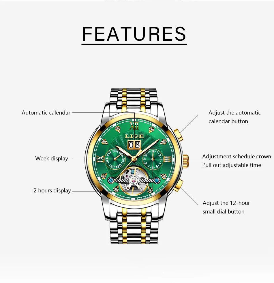 LIGE 2024 Top Brand Luxury Tourbillon Watch Men Fashion Sport Men's Mechanical Wristwatches Casual Waterproof Automatic Watch