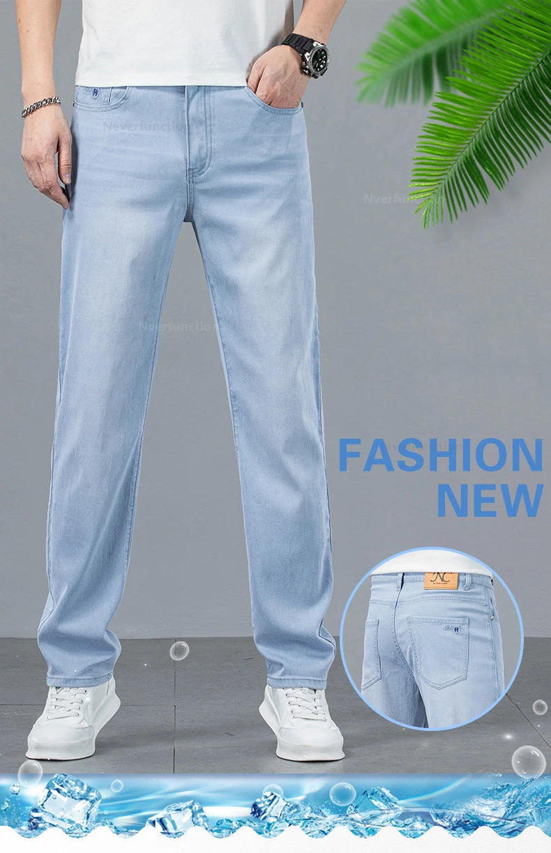 Men's Jean Pant Ultra-thin Light Blue Lyocell Fabric Breathable Loose Straight Business Casual Male Denim Trousers