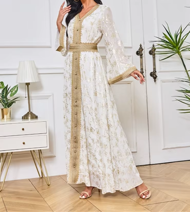 Long Gown Jalabiya Muslim & Arabic Women Dress, Long Sleeves Elegant V Neck Gold Lace Casual Dresses & Formal