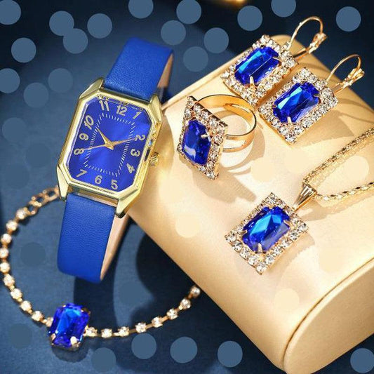 Square Quartz Watch Leather Belt Along With Matching Necklace and Earring Sets.