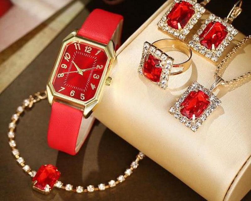 Square Quartz Watch Leather Belt Along With Matching Necklace and Earring Sets.