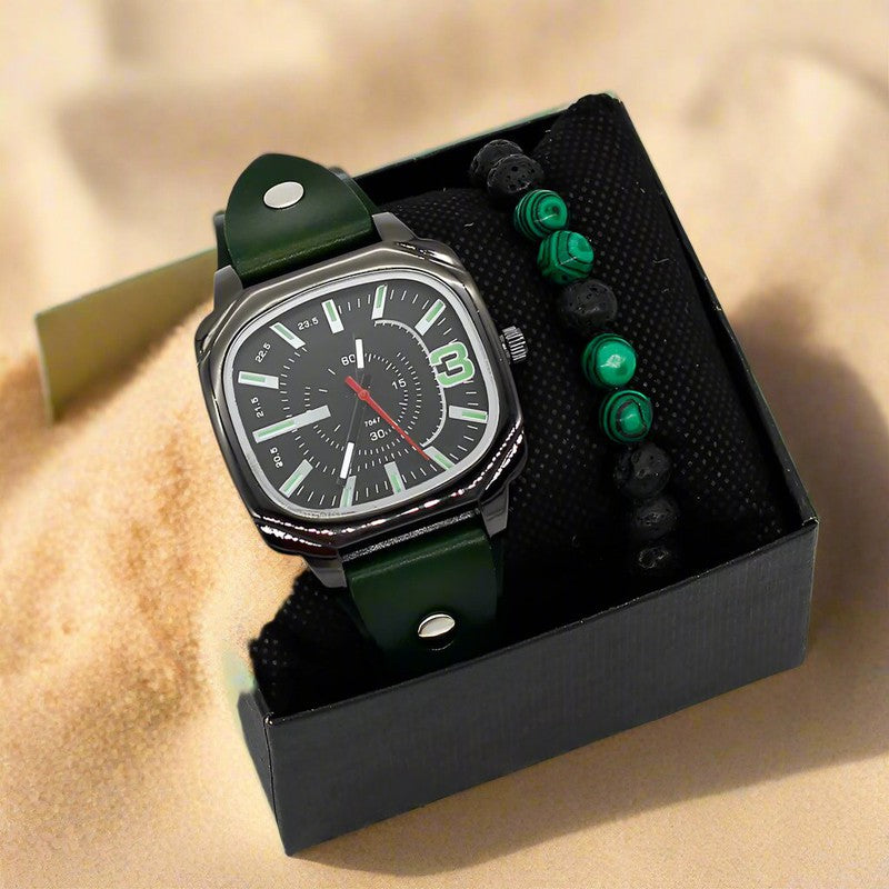 Men's green quartz watch and bracelet gift set in box.